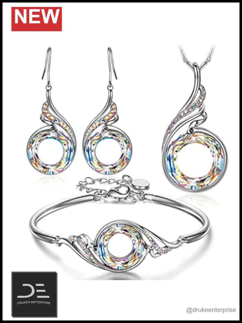 Rising Phoenix 3-Piece Jewelry Set, Crystal Earrings Necklace Bracelet